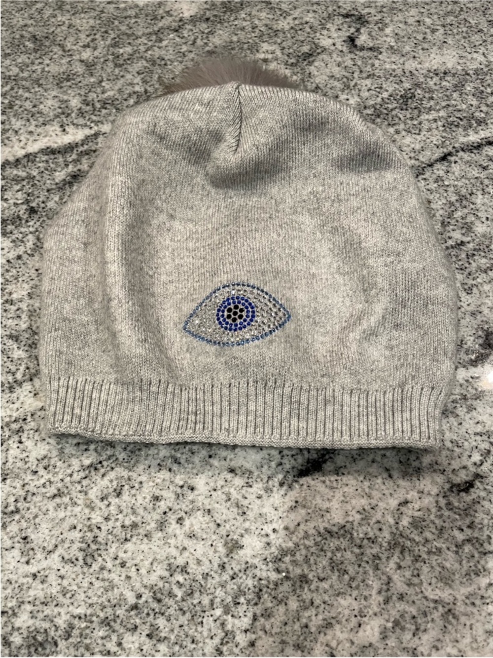 New Custom Designed Gray Knit Slouchy Pom Beanie with Blue Crystal Evil Eye